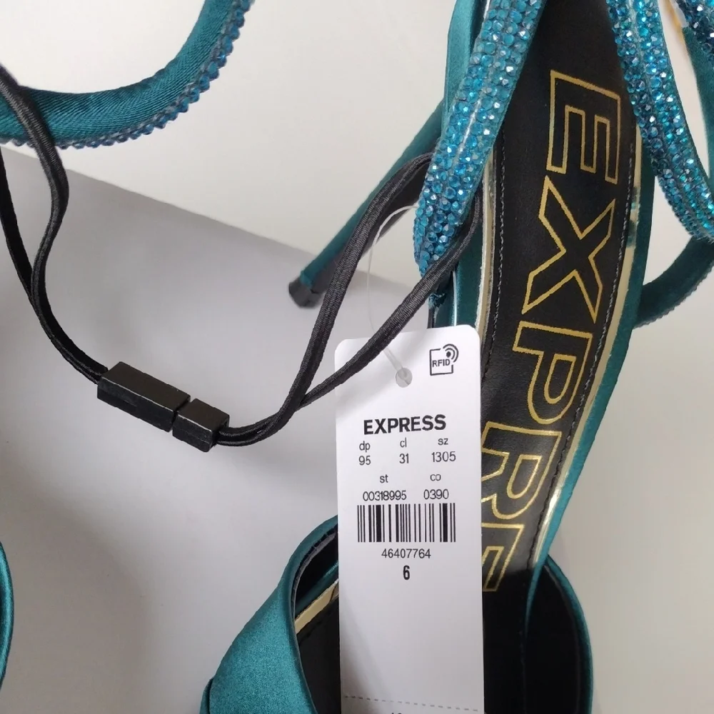 Express Teal Bow Rhinestone Women's Strap Pumps Heels. Size 6. - Picture 6 of 11